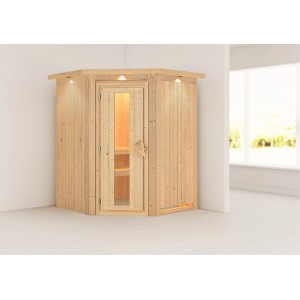 Karibu Sauna mit LED-Dachkranz aus Naturholz, Elementsauna mit Glastür und Innenansicht.