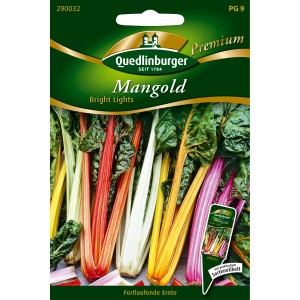 Quedlinburger Mangold Bright Lights Saatgut mit bunten Stielen in Gelb, Rot, Pink und Weiß.