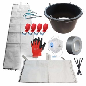 Scorprotect 6m flexible Bauschuttrutsche mit Einfülltrichter, Spanngurten, Handschuhen, Maske und Zubehör für Baustellen.