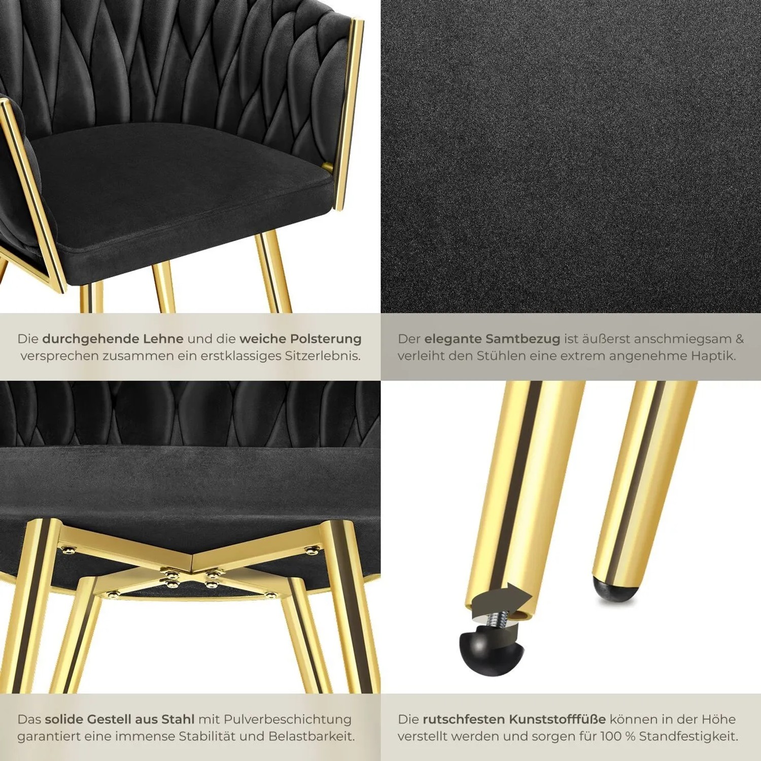 2er Set Esszimmerstühle Astano, schwarz mit goldenen Beinen und Samtbezug.
