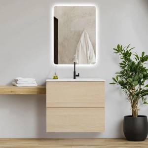Homestyle4u Badmöbel Set 3-teilig: hängender Waschtisch 60 cm Eichenoptik, weißes Keramikwaschbecken, beleuchteter LED-Spiegel.