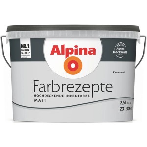 Eimer Alpina Farbrezepte Kieselstrand, matte Innenfarbe für Wände, 2,5 Liter.