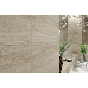 Beige Bodenfliese Tizura in Holzoptik, glasiertes Feinsteinzeug für Bad und Wohnraum.