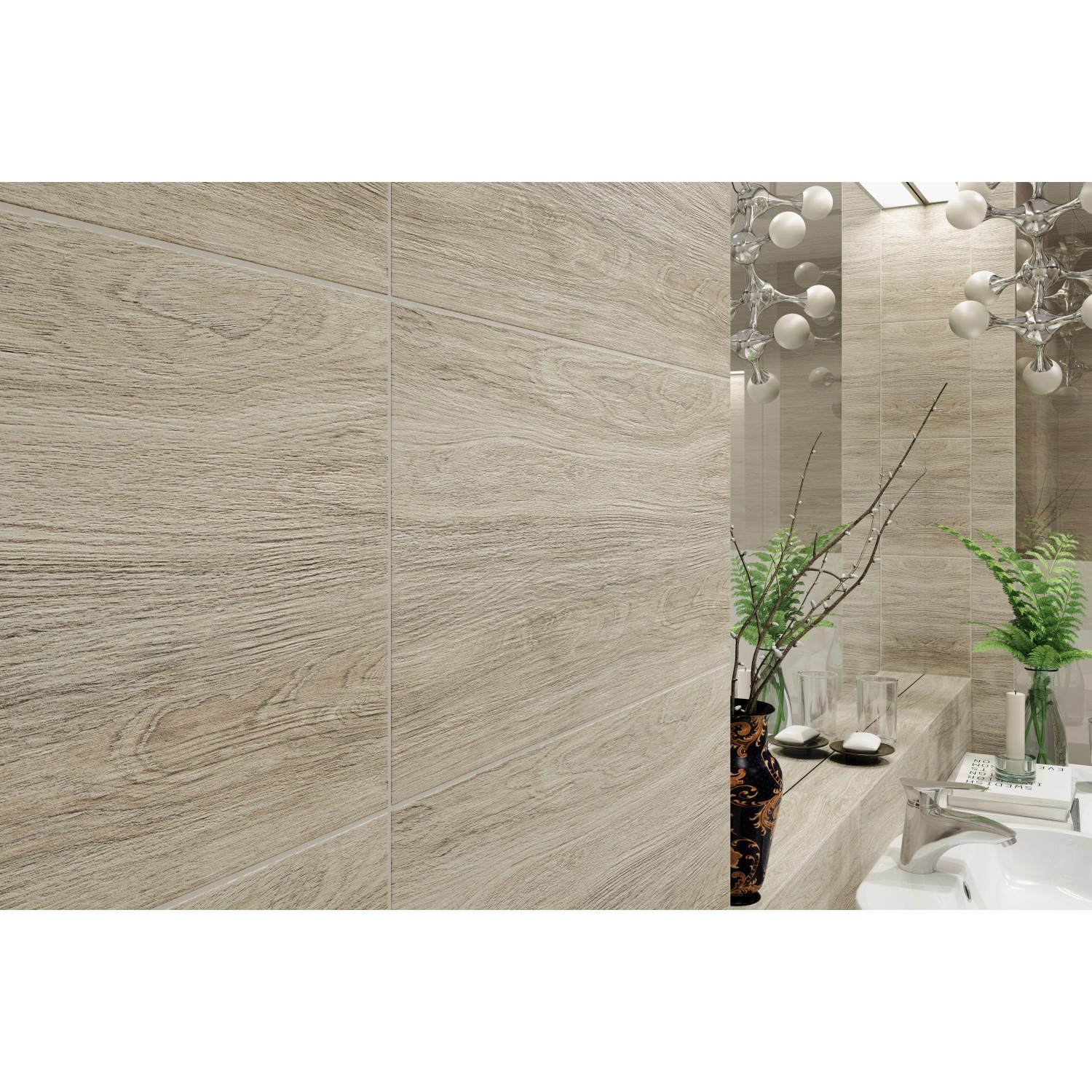 Beige Bodenfliese Tizura in Holzoptik, glasiertes Feinsteinzeug für Bad und Wohnraum.