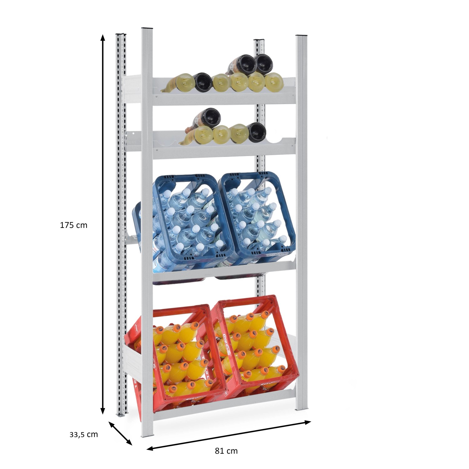PROREGAL Weinregal Chiemsee Vino, lichtgrau, mit Getränkekisten und Weinflaschen bestückt.