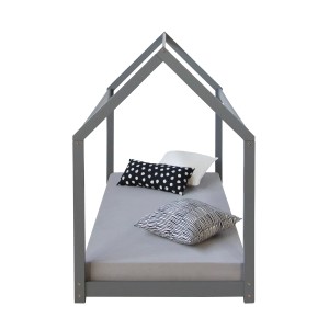 Graues Homestyle4u Kinderbett Hausbett 80x160 cm mit Kissen.