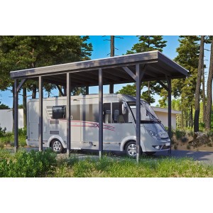 Carport Friesland Caravan, schiefergrau, 397x708 cm, mit Wohnmobil. Einzelcarport aus lasiertem Holz.