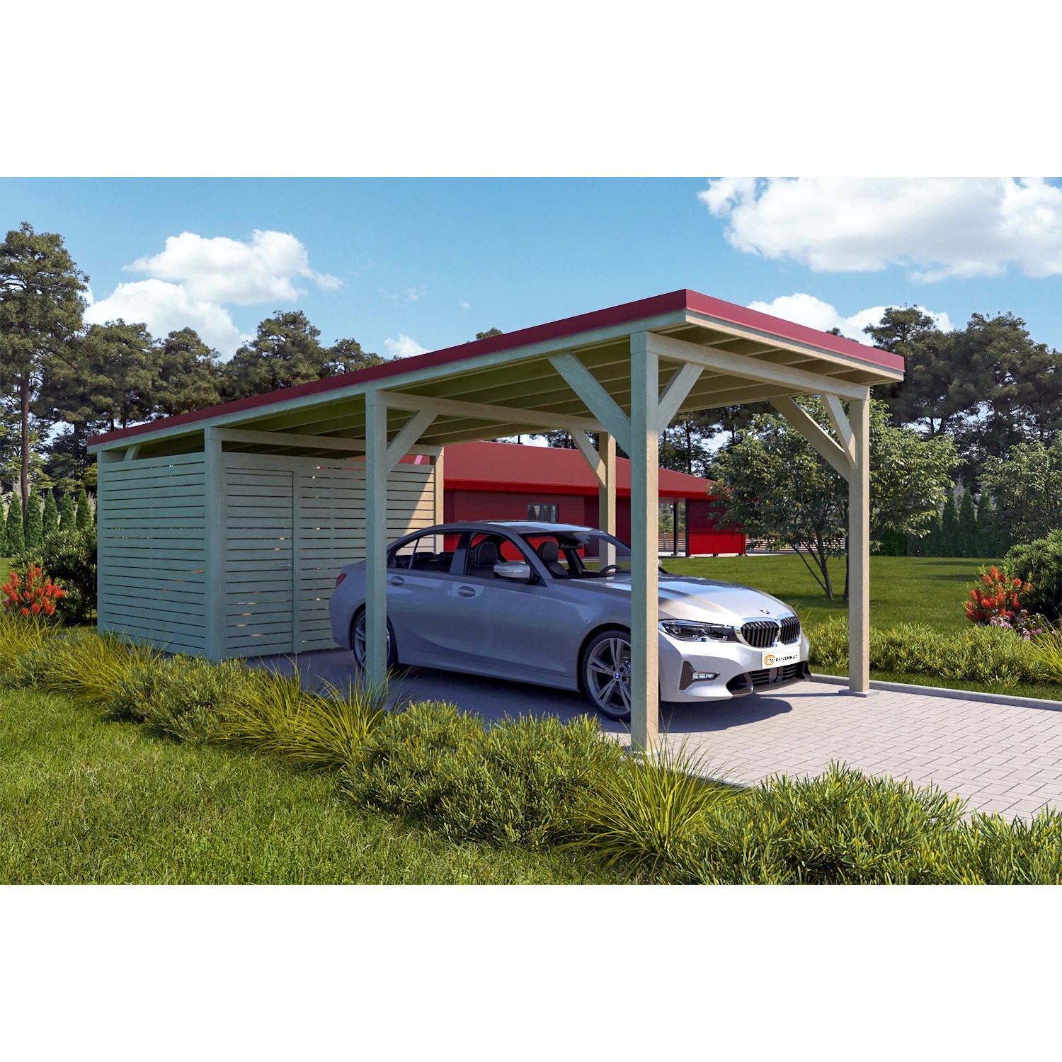 Holzbrüder Carport Ralf 26m² mit Geräteraum Imprägniert-Rot günstig online kaufen