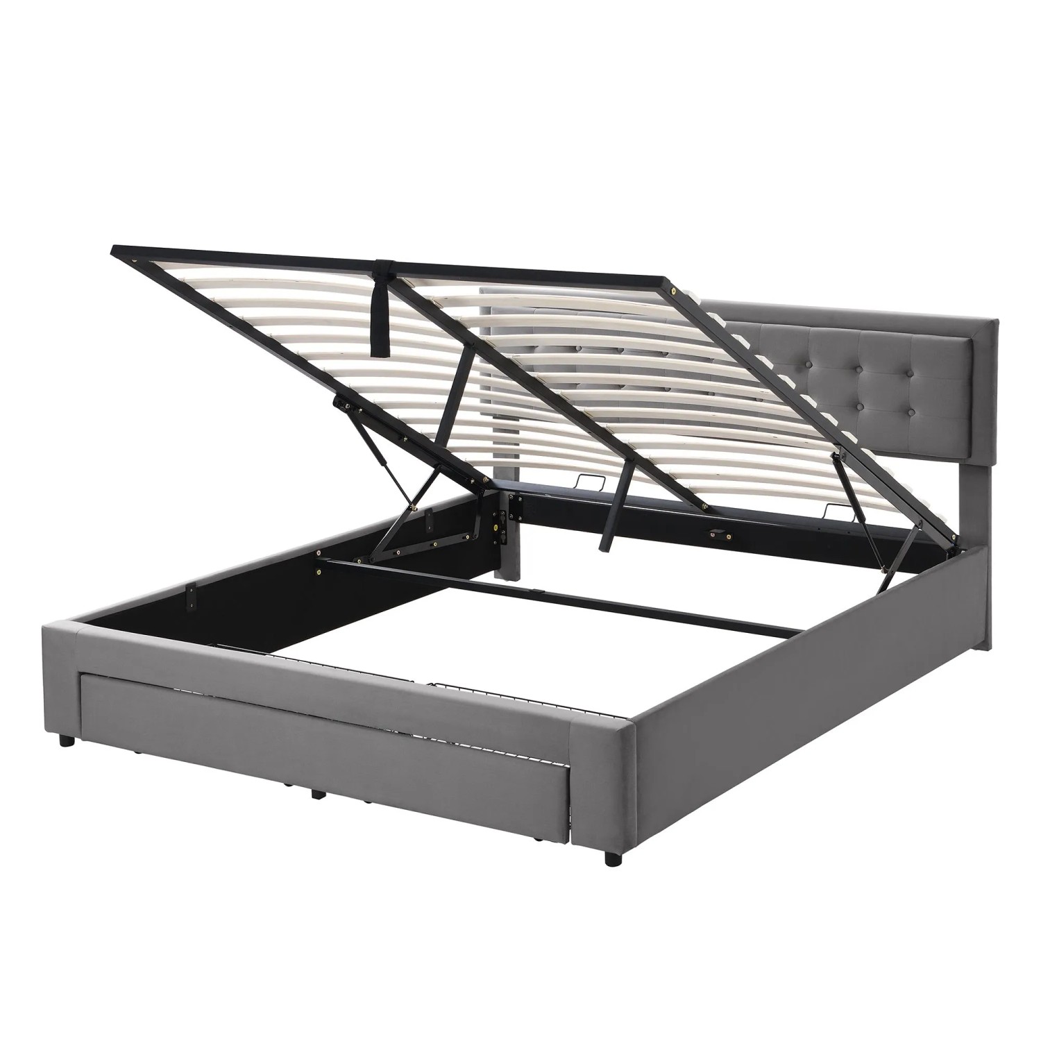 KOMHTOM Bett Für Erwachsene  Stauraumbett  160 x 200 Cm Bett  Gepolstertes Hydraulisches Bett  Bett Mit 2 Schubladen  Doppelbett  Grauer Samt