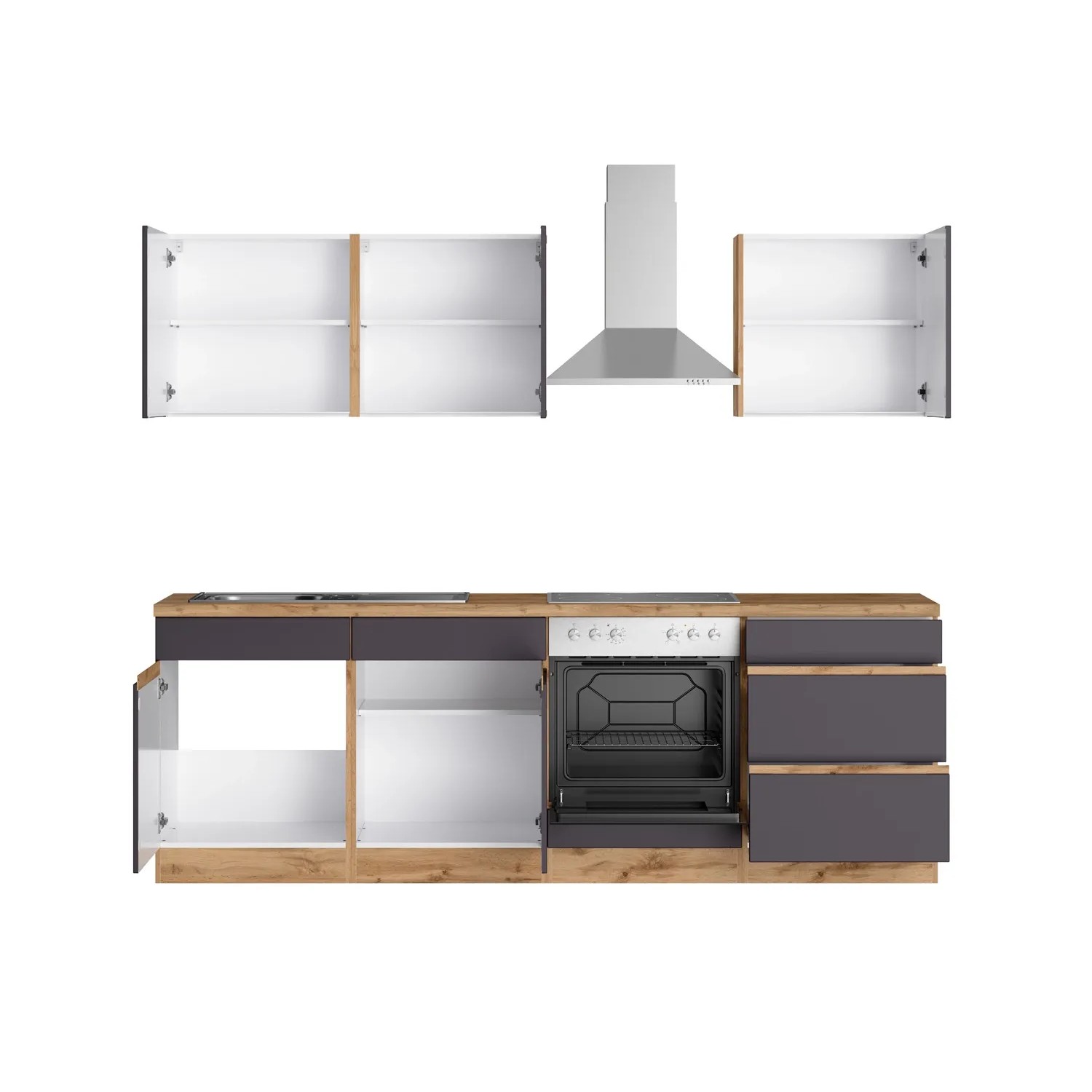 Held Möbel Küchenzeile Turin 240 cm in Graphit- und Wotaneiche-Optik mit E-Geräten.