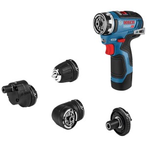 Bosch Professional Akku Bohrschrauber GSR 12V-35 FC mit FlexiClick System und vier modularen Aufsätzen.