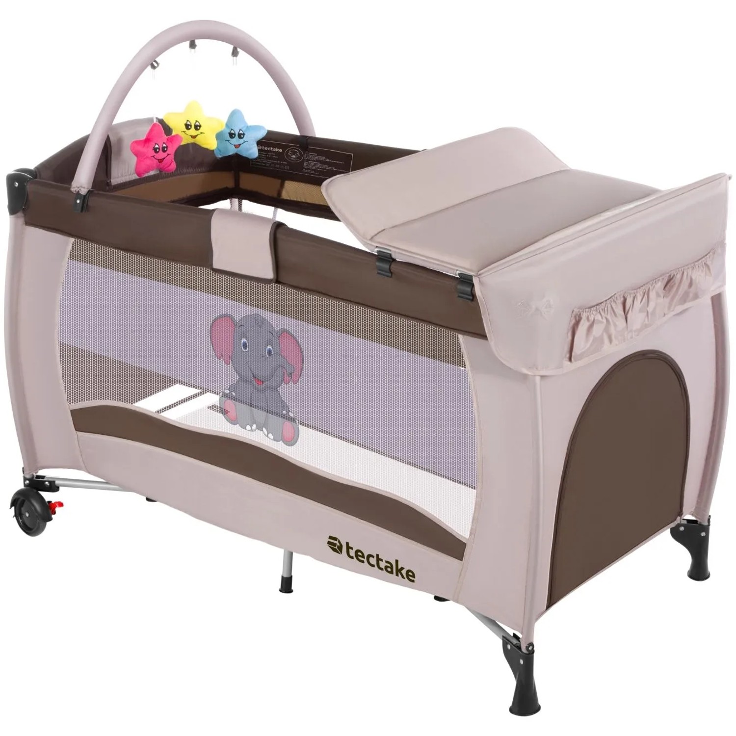 Tectake Kinder Reisebett Elefant Klappbar und Höhenverstellbar Mit Großen Mesh Einsätzen  Wickelauflage und Seiteneingang  132 x 75 x 104 cm Braun