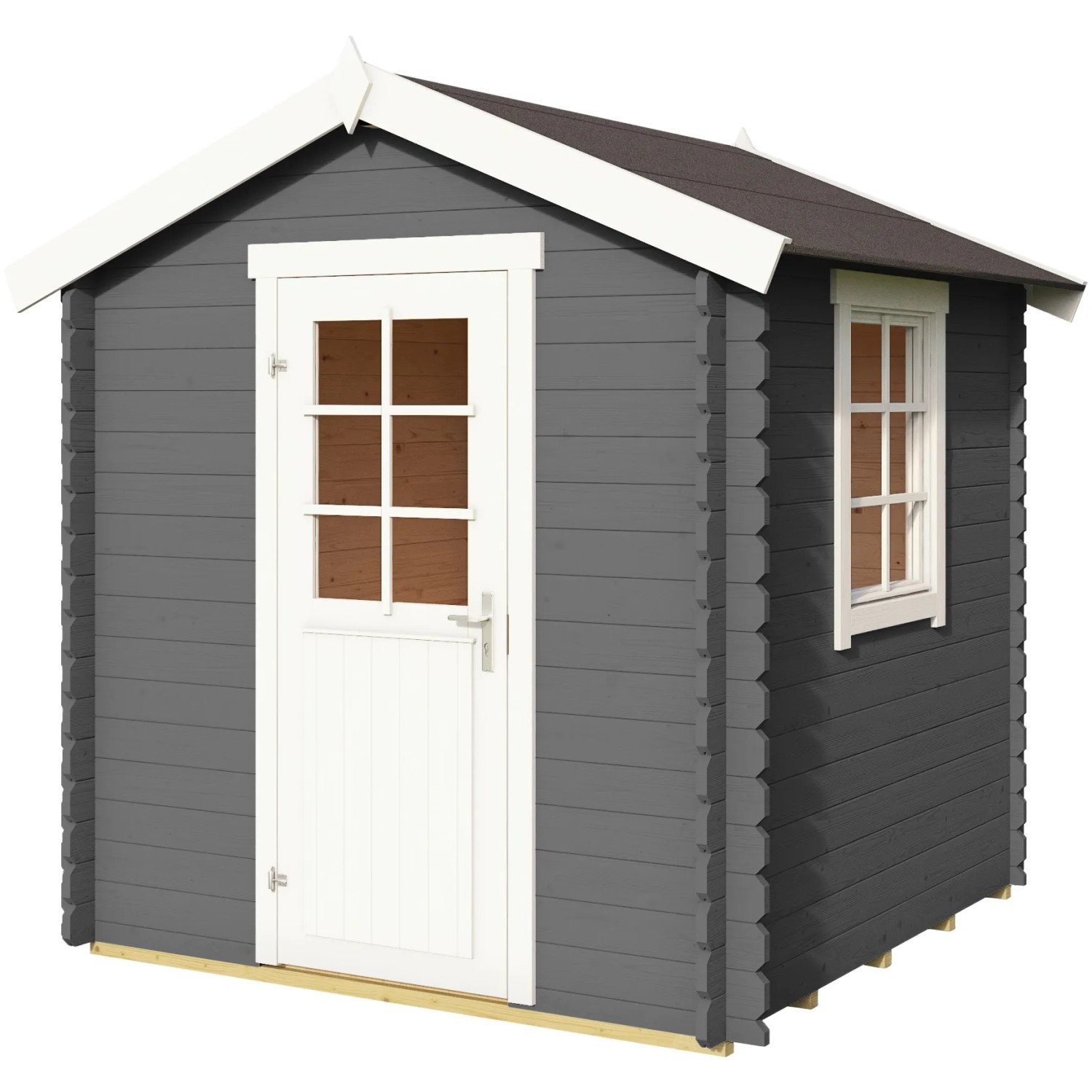 Carbongraues Lasita Holz-Gartenhaus Wels mit weißer Tür und Fenster. Gartenhaus mit Satteldach.
