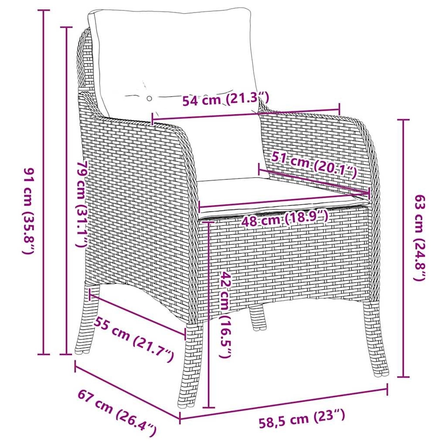 Skizze eines schwarzen Poly Rattan Gartenstuhls mit Maßen, Teil einer 5-teiligen Essgruppe von vidaXL.