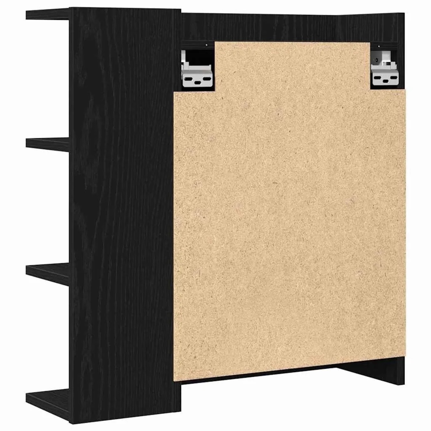 Rückansicht des vidaXL Spiegelschranks in Schwarz Eichen-Optik. Sichtbar sind Regal, Holzwerkstoff-Rückwand und Aufhängung.
