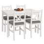 Weißes Esszimmer-Set Landhausstil: Massivholz-Tisch 110cm und 4 Stühle mit grauen Polstern, Kiefernholz.