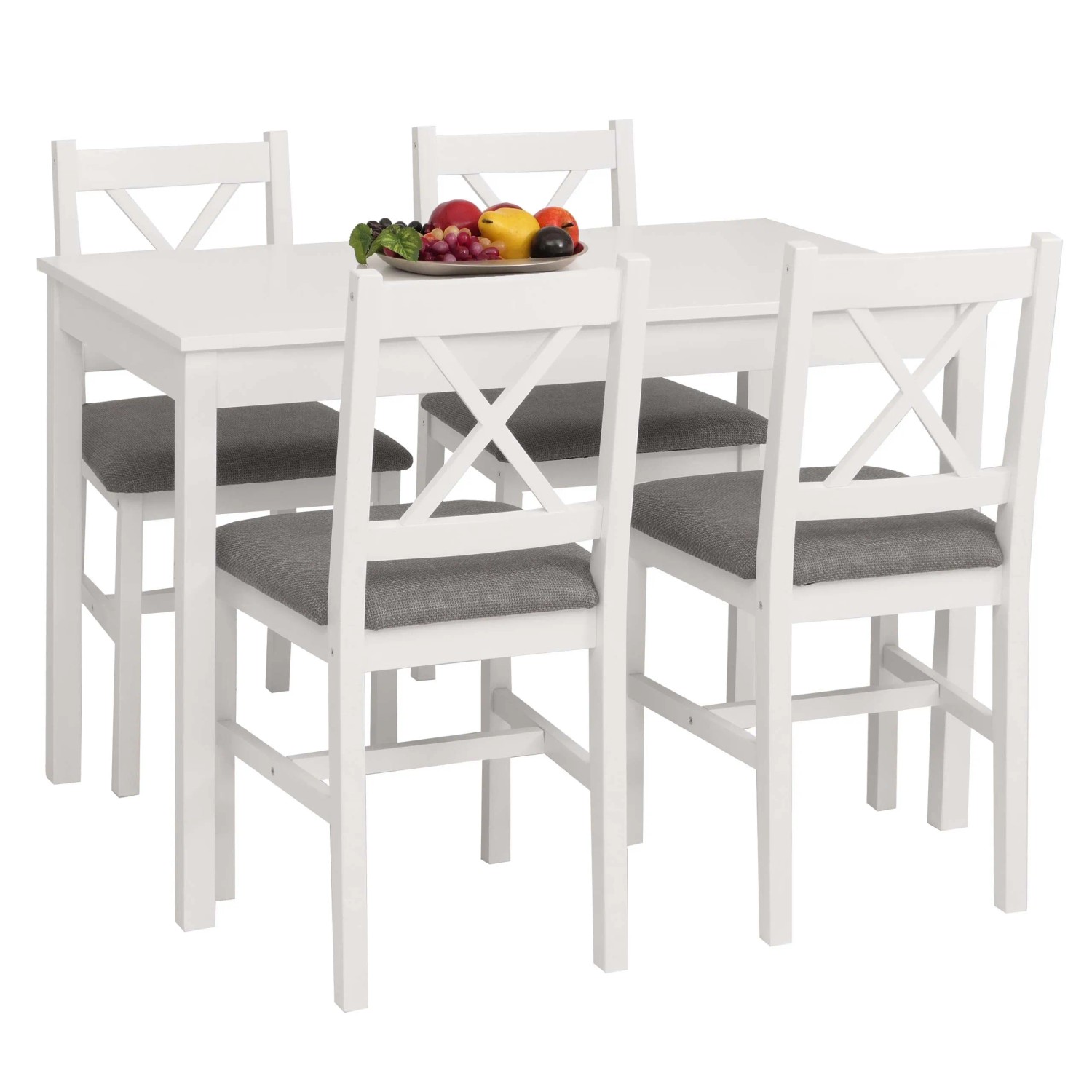 Weißes Esszimmer-Set Landhausstil: Massivholz-Tisch 110cm und 4 Stühle mit grauen Polstern, Kiefernholz.