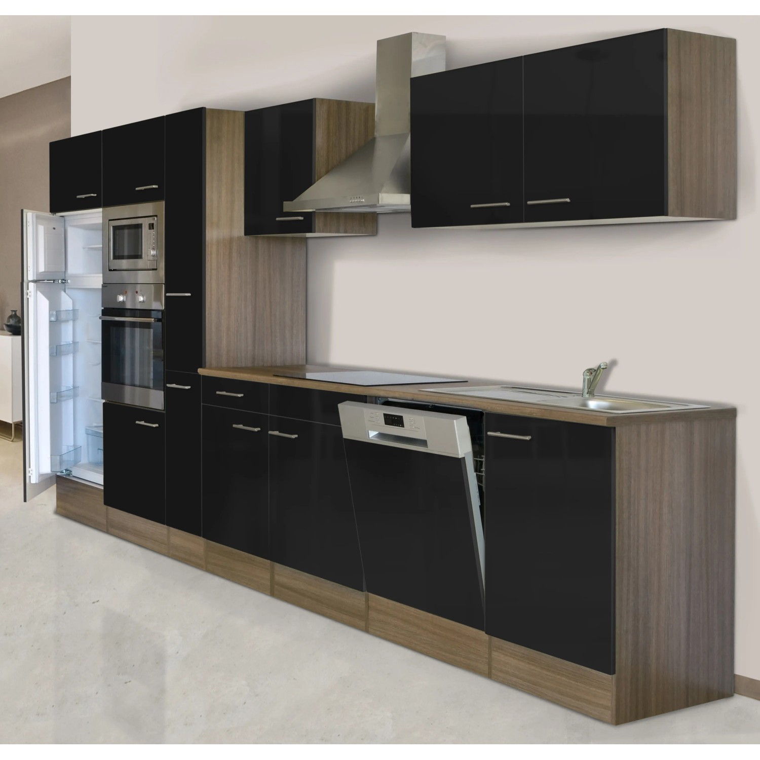Respekta Küchenzeile KB370EYSMIGKE, 370 cm, Schwarz/Eiche York Nachbildung, mit E-Geräten.