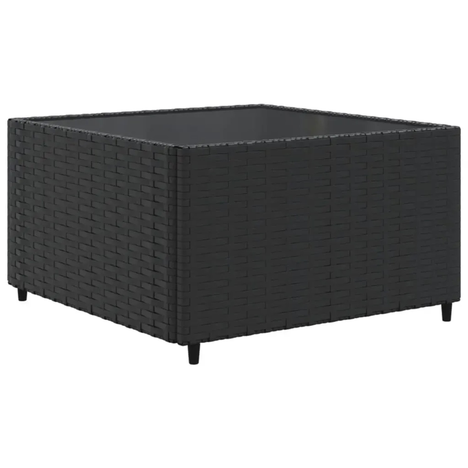 Schwarzer vidaXL Couchtisch aus Polyrattan mit Glasplatte, Teil des Garten-Lounge-Sets.