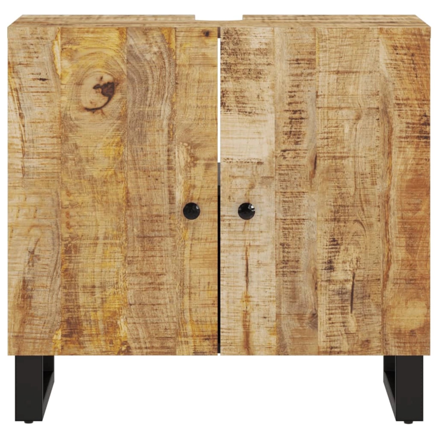 vidaXL Waschbeckenunterschrank aus Mangoholz und Holzwerkstoff mit zwei Türen und schwarzen Füßen.