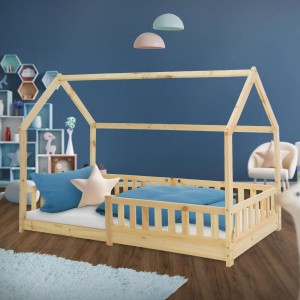 ML-Design Kinderbett 90x200cm in Natur mit Rausfallschutz und Dach