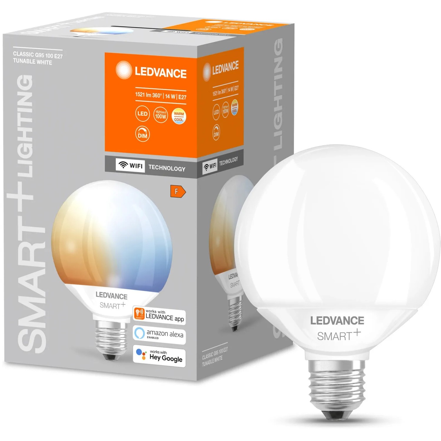 Ledvance Smart+ Leuchtmittel Wifi Globe TW E27/14W Klar, smarte LED Lampe mit E27 Sockel.