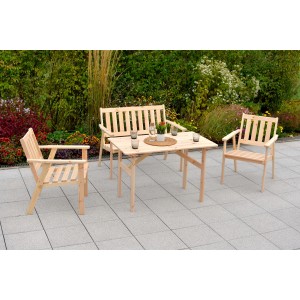Merxx Gartenmöbel-Set Sylt, 4-teilig aus Kiefernholz: Tisch, Bank und zwei Sessel.