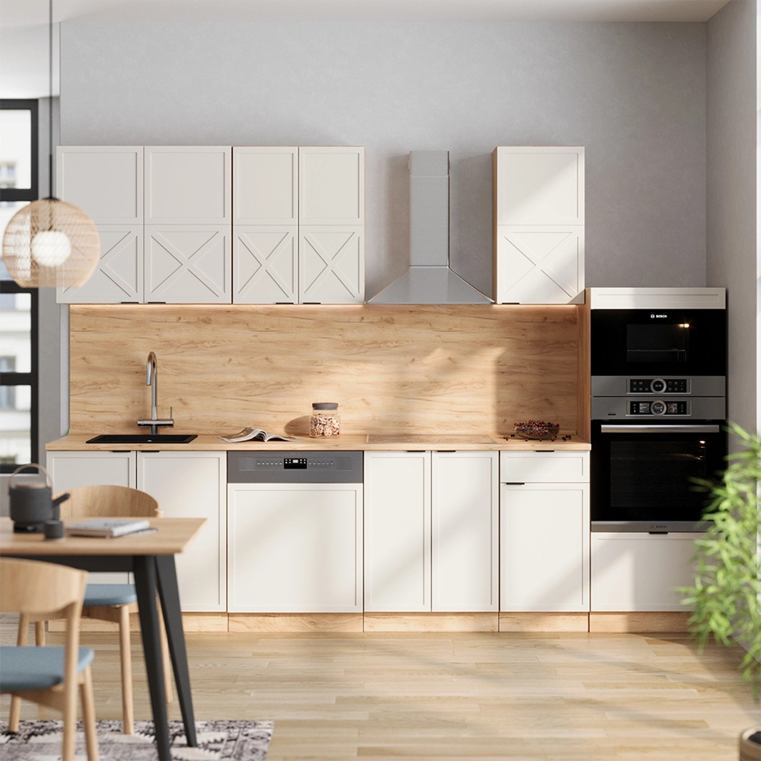 Moderne Küchenzeile Fame-Line in GrauBeige/Goldkraft Eiche, 300 cm breit, mit Hochschrank. Ohne Arbeitsplatte.