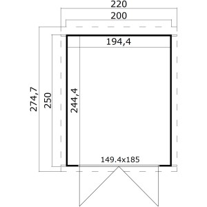 Skizze des Lasita Holz-Gartenhauses Zambezi 2, Schwedenrot, mit Maßangaben.