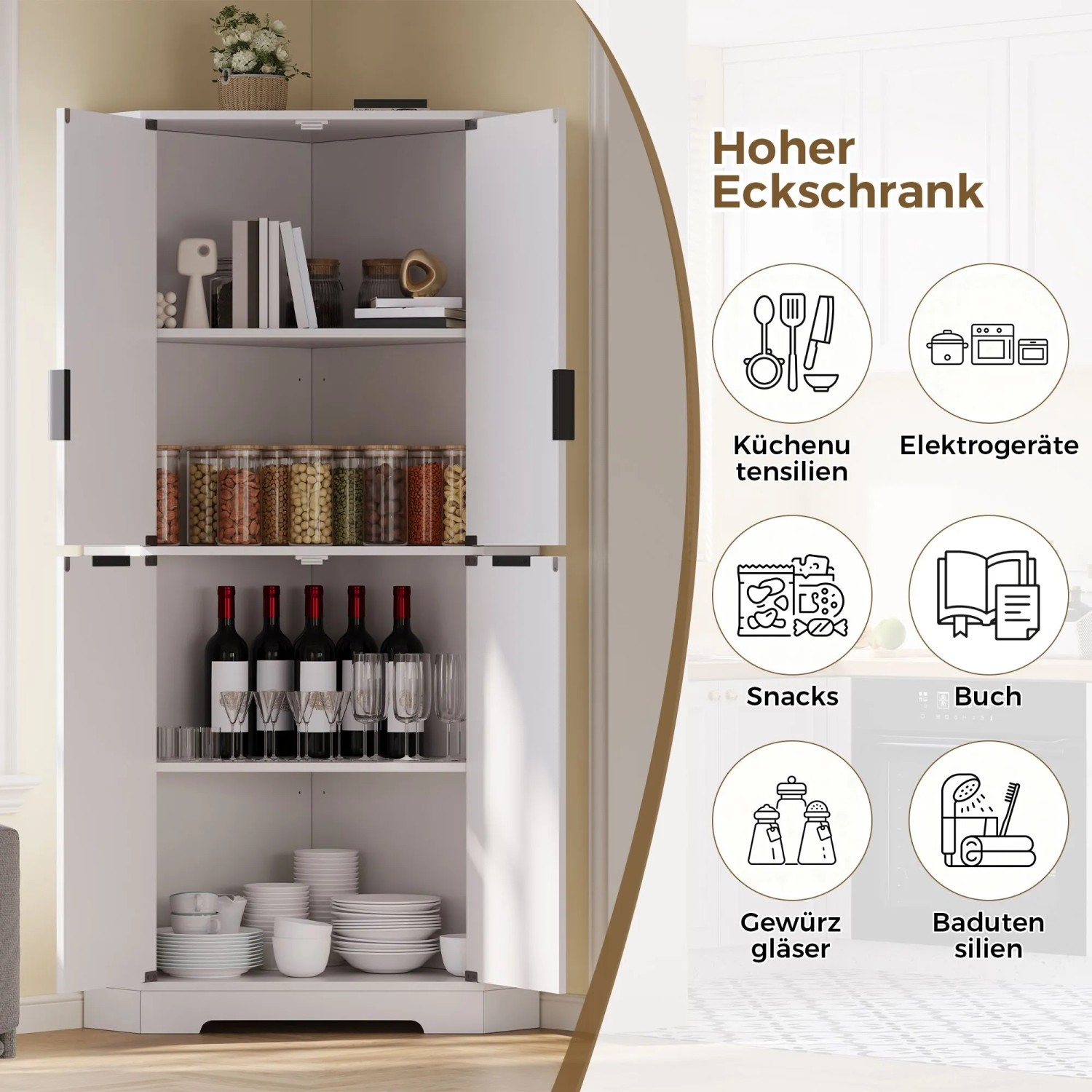 Merax Eckschrank 60x60x172 cm 4 Türen Verstellbare Einlegeböden_8