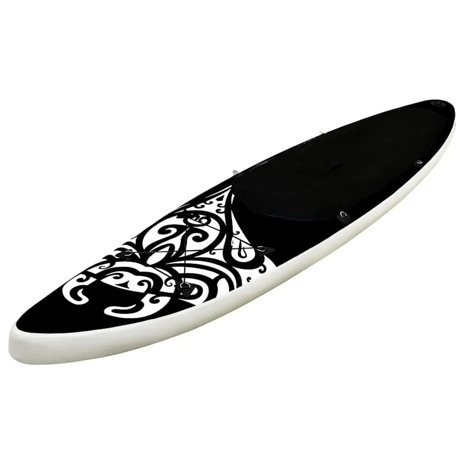 Aufblasbares, schwarzes SUP-Board-Set (305x76x15 cm) von vidaXL mit weißem Muster.