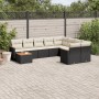 Schwarze 10-tlg. vidaXL Garten-Sofagarnitur aus Rattan mit cremefarbenen Kissen und Tisch auf einer Terrasse.
