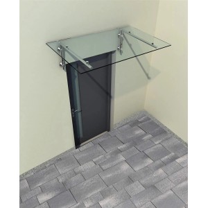 Klarglas Vordach 200x90cm mit Edelstahlhaltern über einer Tür. Ideal als Wetterschutz.