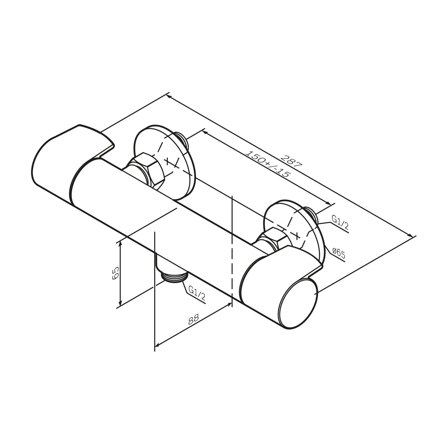 Technische Zeichnung: AM.PM X-Joy Thermostat-Duscharmatur aus Messing mit Maßangaben.