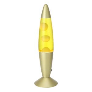 Goldene Eglo LED-Lavatischleuchte mit gelber Flüssigkeit und orangem Wachs. Klassische Tischlampe mit Schalter.
