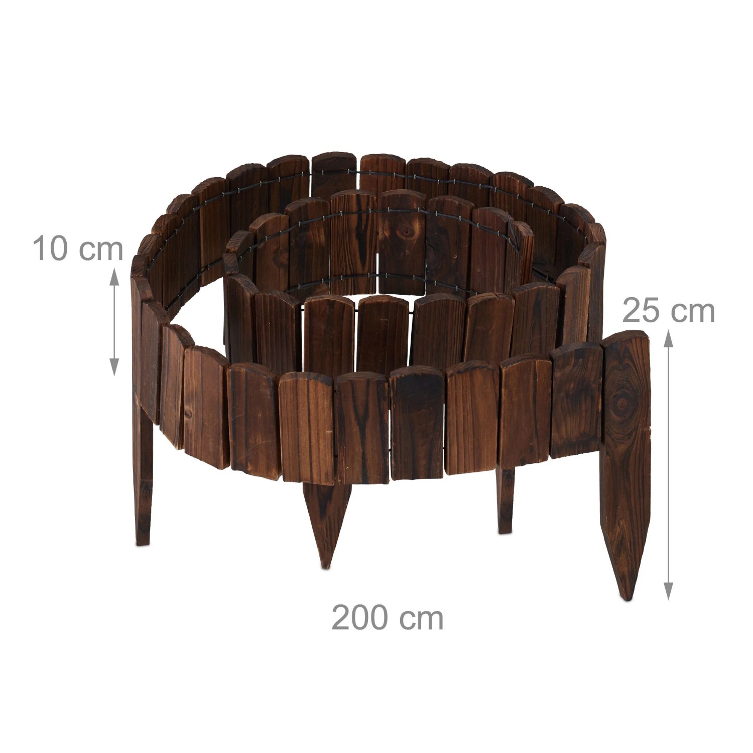 Flexible, dunkelbraune Tannenholz Beeteinfassung, 200x25 cm, mit Erdspießen. Ideal für Gartenbeete.