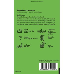 Samentüte Paprika Yolo Wonder: Blockpaprika-Samen für sonnigen Standort, Ernte im Sommer/Herbst.