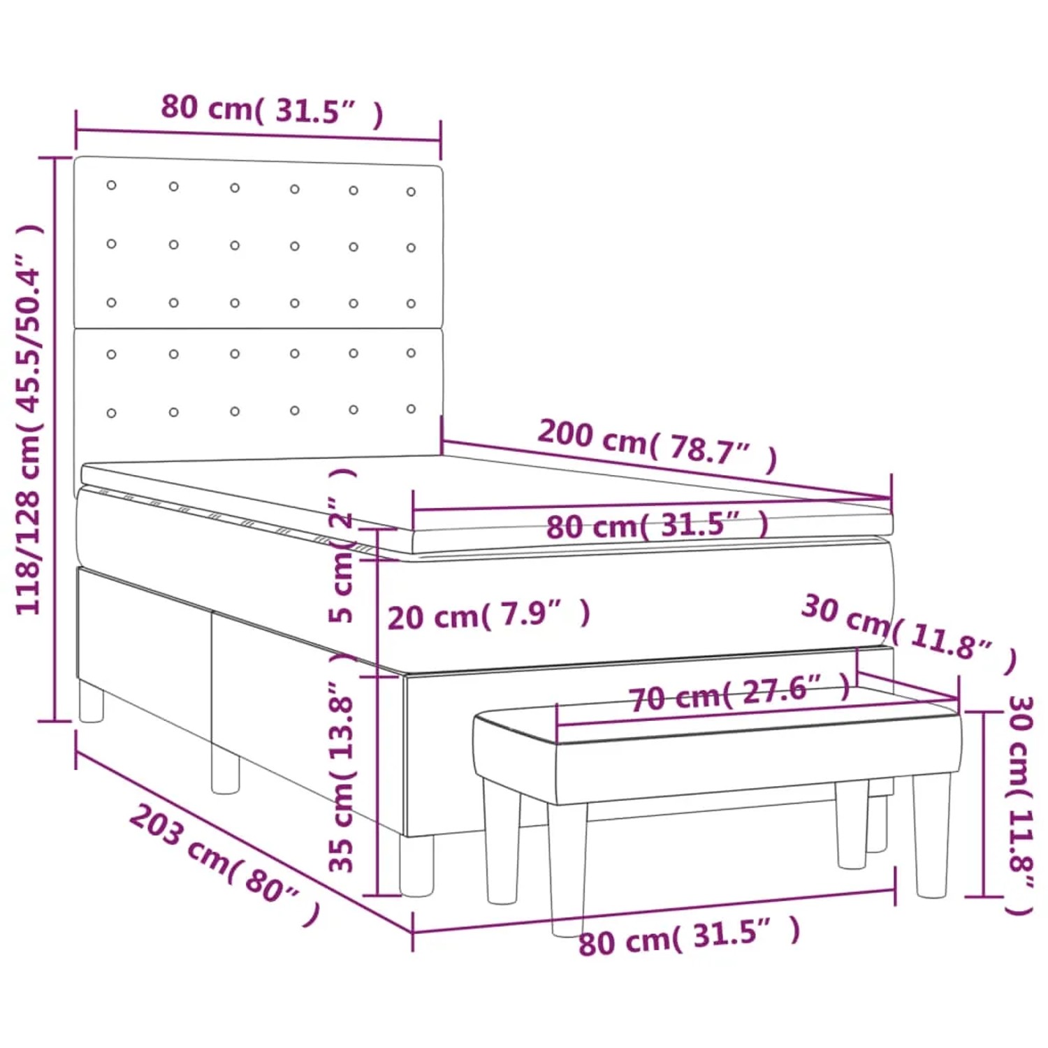 Graues Boxspringbett 80x200 cm mit Matratze und Bank aus Kunstleder.