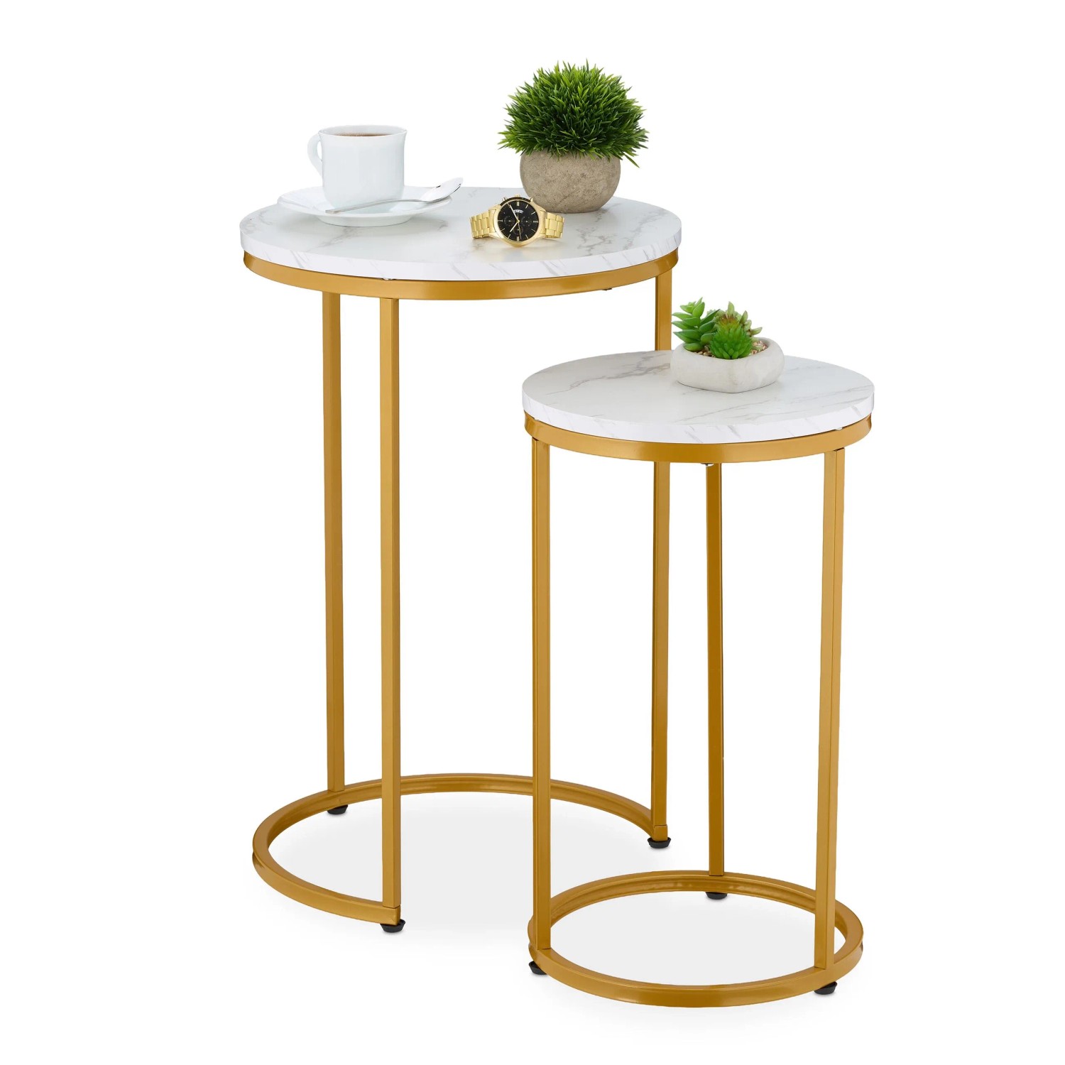 Relaxdays Satztisch 2er Set MDF Eisen Kunststoff Weiß Gold Marmoroptik Platzsparend 61,5 cm x 40 cm 2,3 kg 51 cm x 30 cm 1,6 kg