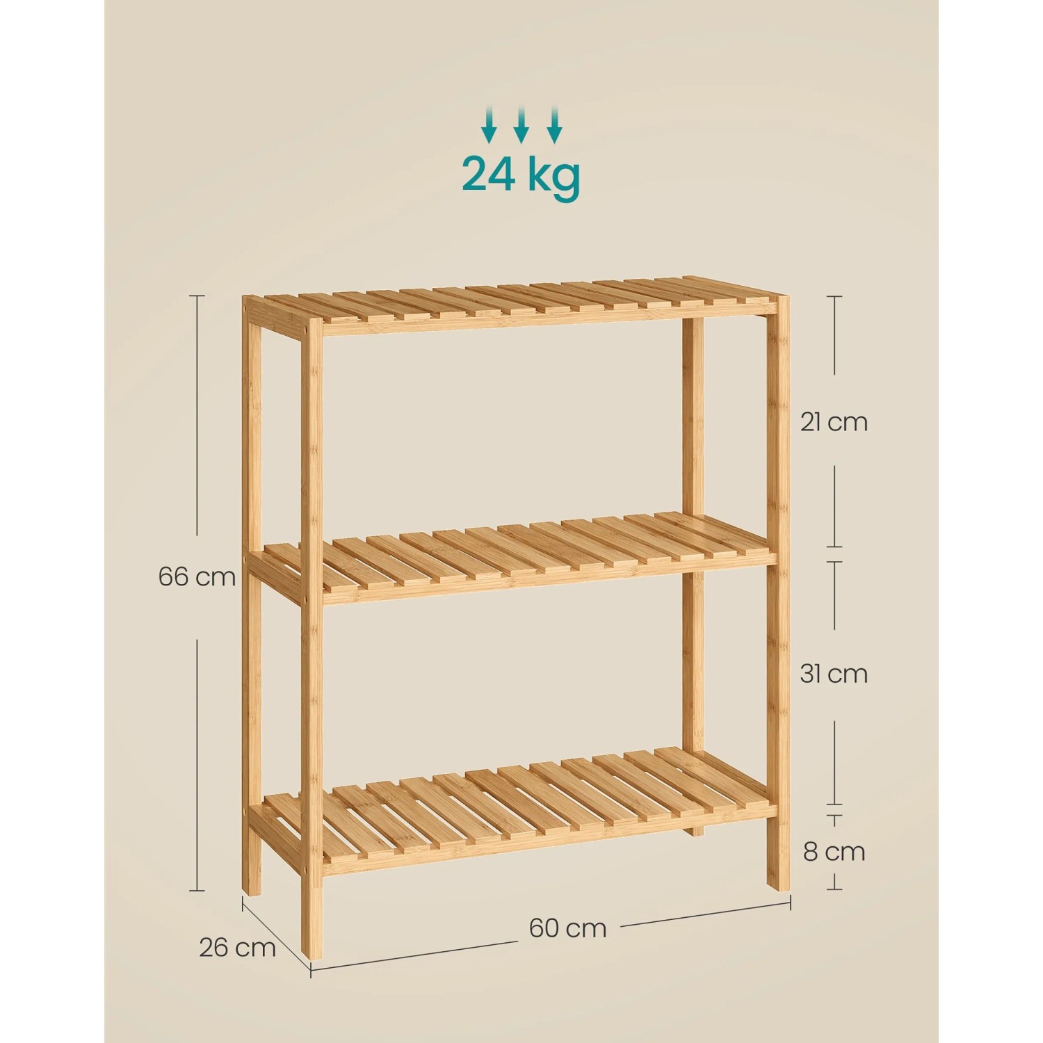 Songmics Badregal aus Bambus, 60x66x26cm, mit 3 Ablagen. Naturfarbenes Standregal für das Badezimmer.