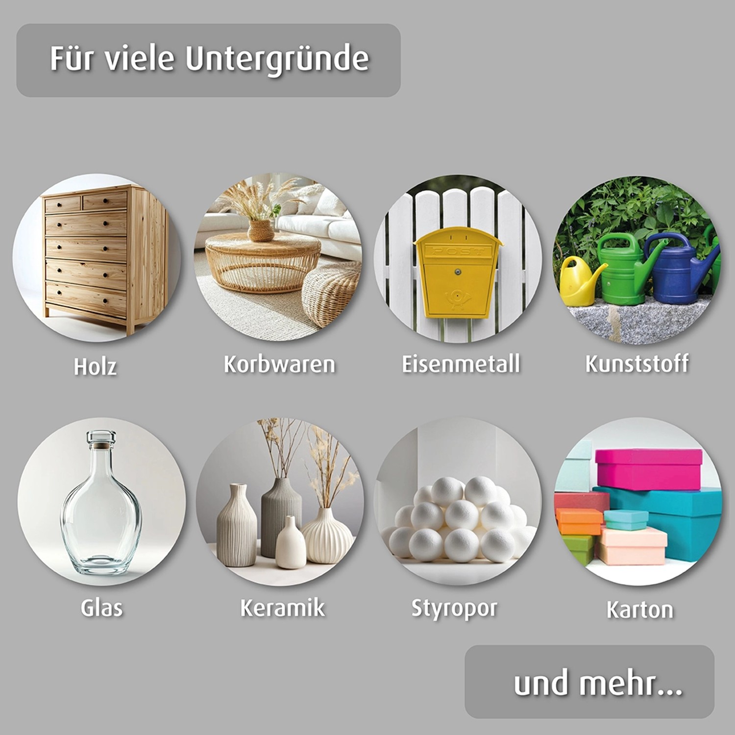 Anwendungsbeispiele für belton Buntlack: Holz, Korb, Metall, Kunststoff, Glas, Keramik, Styropor, Karton.