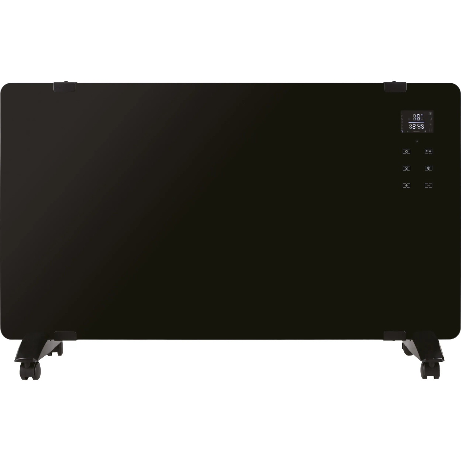 Schwarzer Glaspanel-Heizer 2.000 W mit Touchpad und Rollen, geeignet zur Wandmontage oder zum Aufstellen.