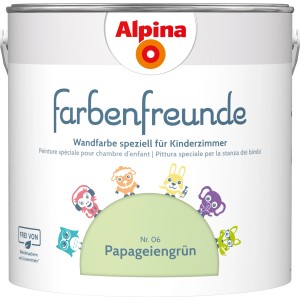 Farbeimer Alpina Farbenfreunde Papageiengrün, seidenmatt, für Kinderzimmer. Schadstofffreie Wandfarbe.