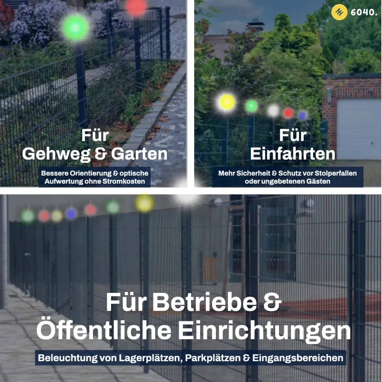 Solar Zaunleuchte 6040 mit bunten LEDs für Stabmattenzaun, geeignet für Pfosten 60x40 mm.