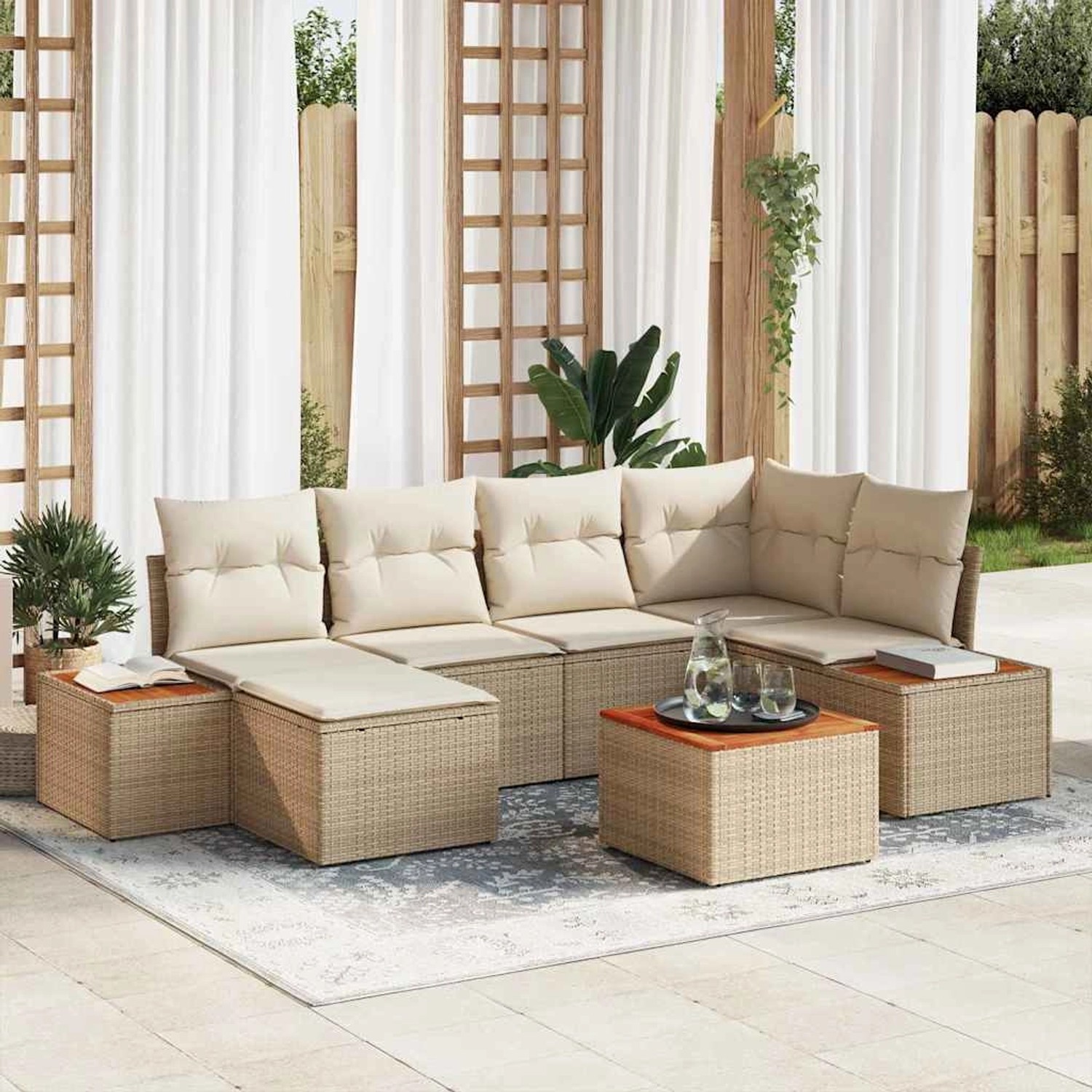 vidaXL Garten-Sofa-Set mit Kissen 7-Tlg Beige Poly Rattan 3348127 günstig online kaufen