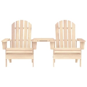 Zwei Adirondack-Gartenstühle aus hellem Tannenholz mit integriertem Tisch. Gartenmöbel-Set für Terrasse.