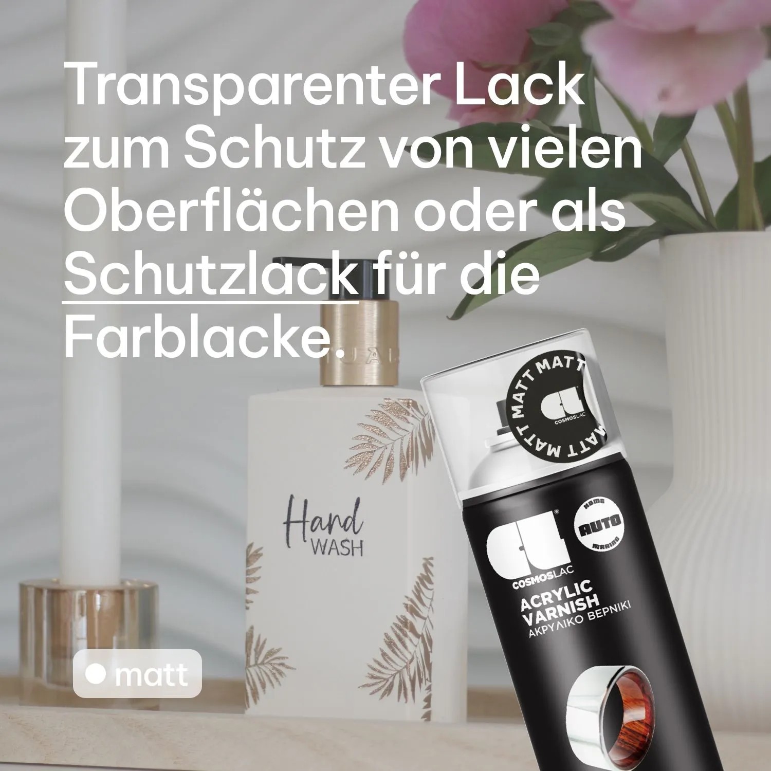 COSMOS LAC Klarlack Spray matt, transparent. Schwarze Sprühdose, Acryl Lack für Holz, Metall, Kunststoff. Schützt Oberflächen.