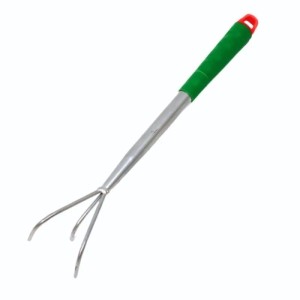 Galaflor Handgrubber mit 3 Stahlzinken, grünem Kunststoffgriff und rotem Aufhängeloch zur Bodenbearbeitung.