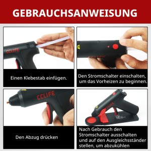 Anleitung CCLIFE Akku Heißklebepistole: Nutzungsschritte mit Klebestift, Einschalten, Abdrücken, Abkühlen auf Ständer. Kabelloses Heißklebegerät.