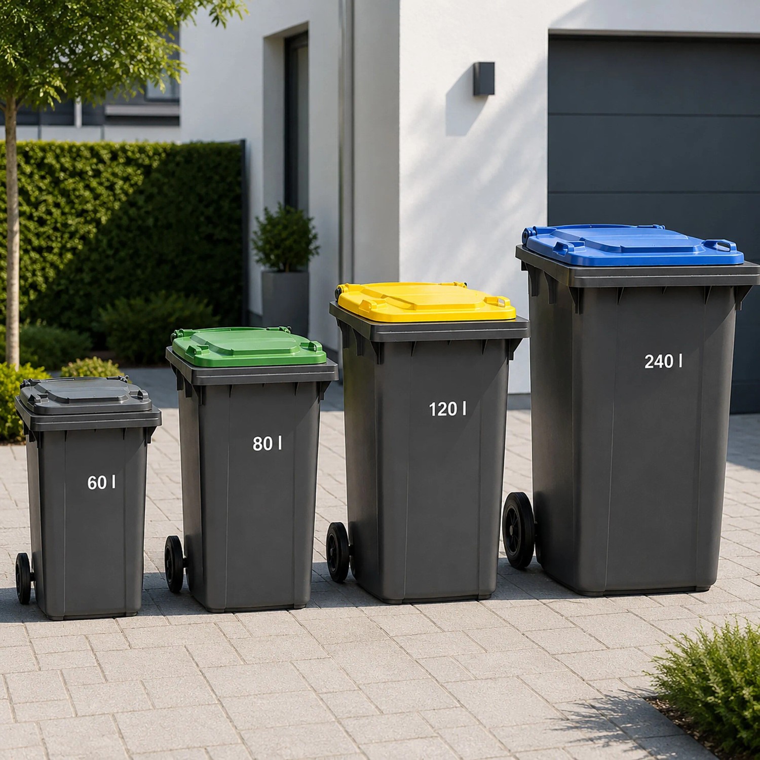 Vier graue Mülltonnen mit farbigen Deckeln (60, 80, 120, 240 Liter) für die Müllpresse.